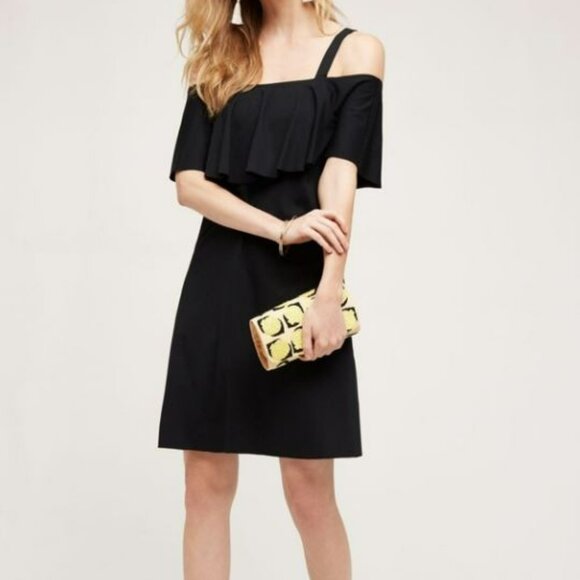 Anthropologie | Maeve Cold Shoulder Black Flounce Dress | Size Medium - Picture 2 of 9